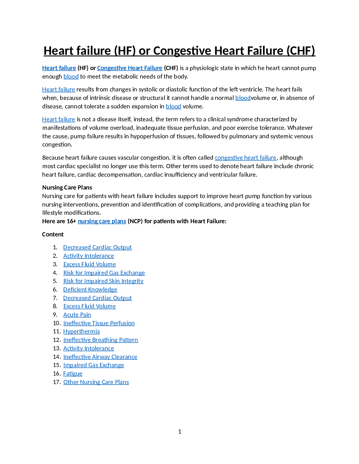 Preview of NR 224 HEART FAILURE (HF) OR CONGESTIVE HEART FAILURE (CHF) STUDY GUIDE VAS NOTES (LATEST,